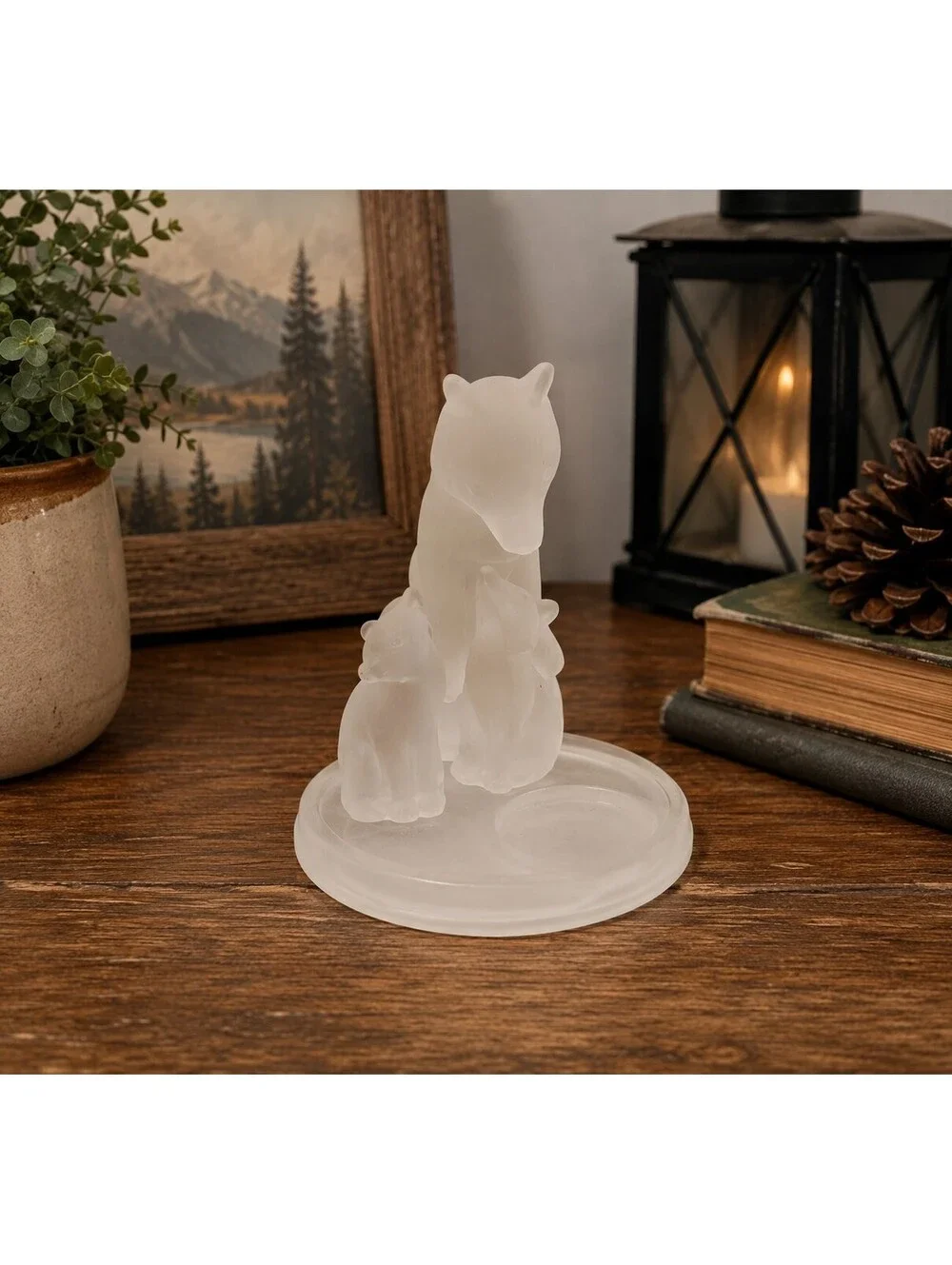 Retired PartyLite Frosted Glass Wolf Family Tealight Candle Holder